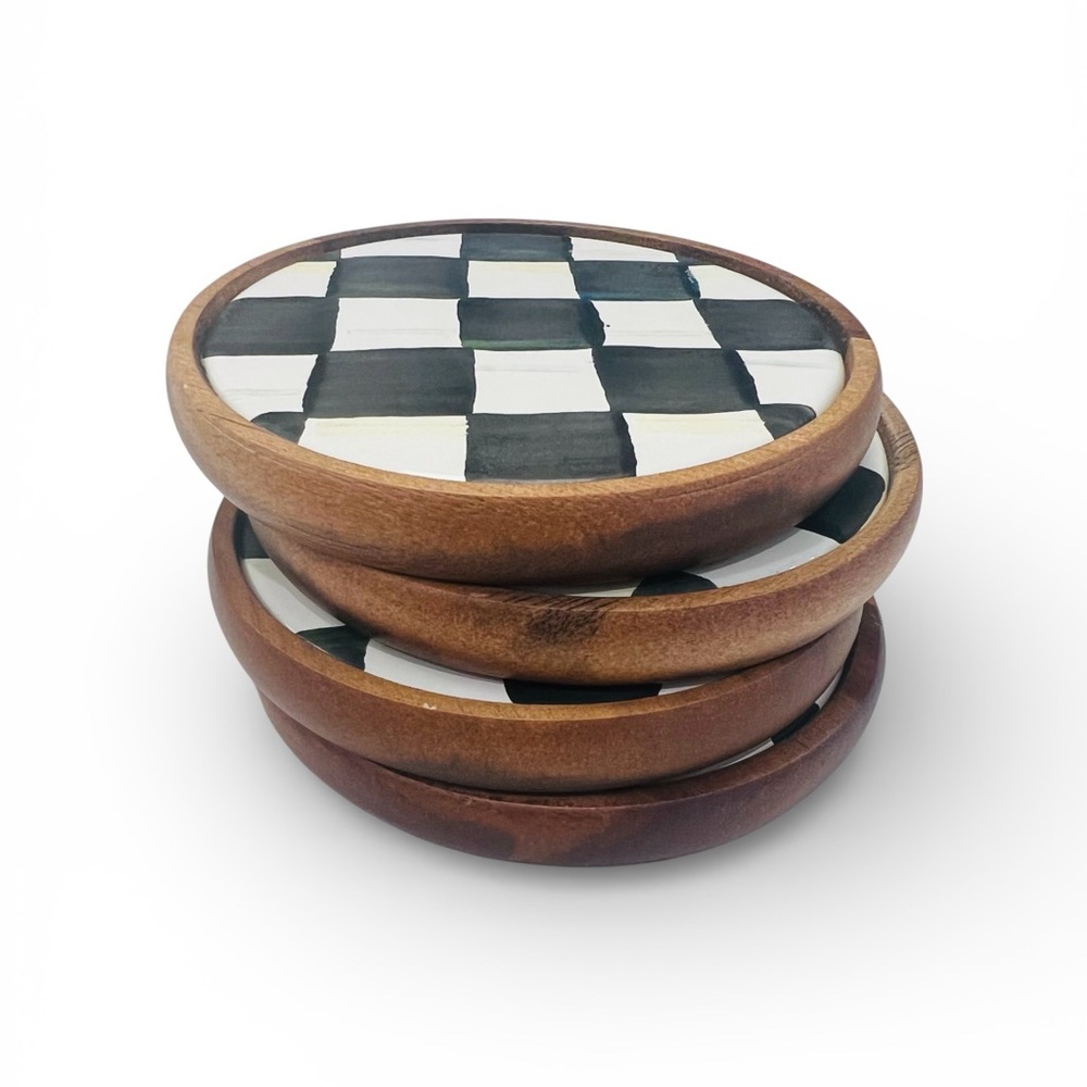MacKenzie Childs Set of 4 Courtly Check Enamel Coasters On Wood Base - Picture 2 of 6